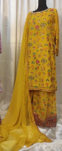 Pakistani Original Boutique Luxury Chiffon Stitched 3 Pcs _ Mustard Yellow